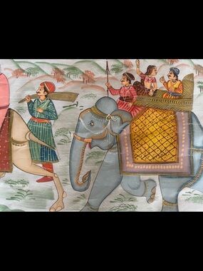 Large Vintage Indian Silk Painting: Royal Procession with Elephant & Camel 20x30